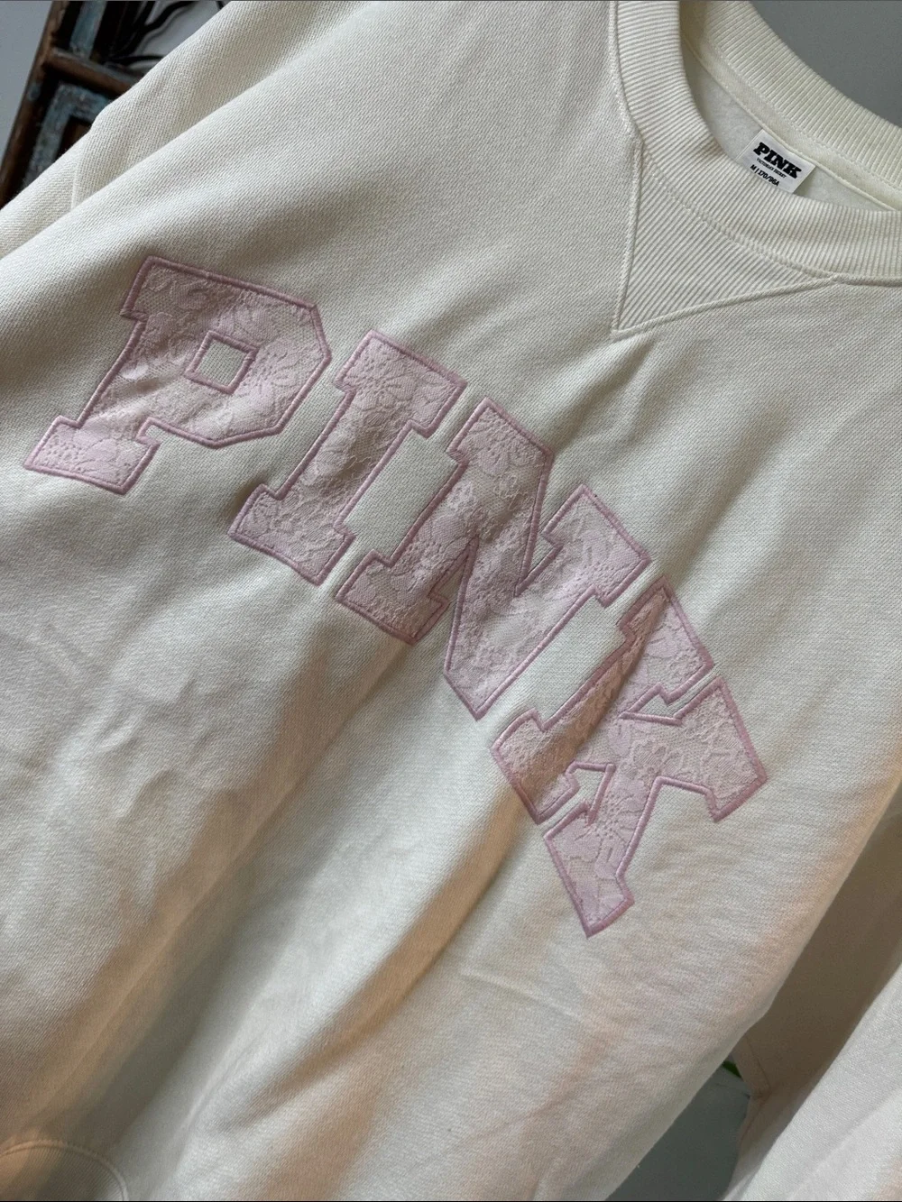 PINK Victoria's Secret Crewneck Cream Sweatshirt lace Light Pink Logo EUC M - Picture 4 of 10